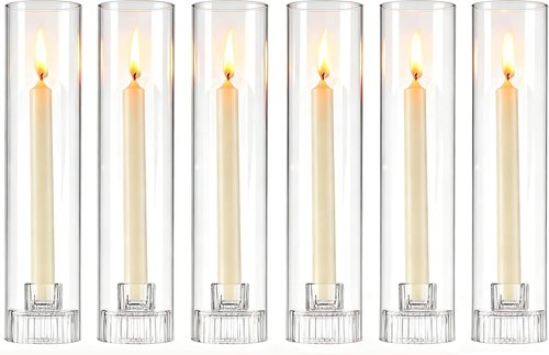 Hurricane | Taper Candle Holders - Set of 6 Clear Glass Candlesticks, 11.8" Tall for Weddings & Events