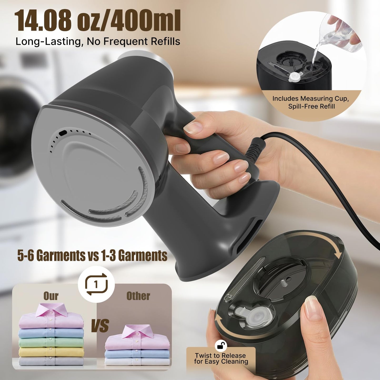 Vacuum Steamer for Clothes Handheld: 2500–3500Pa Adjustable Suction, No Leak & Stable Steam, Steaming & Ironing Portable Travel Garment Steamer, 400ml Tank, 4 Modes, 15s Heat-Up, 110-120V