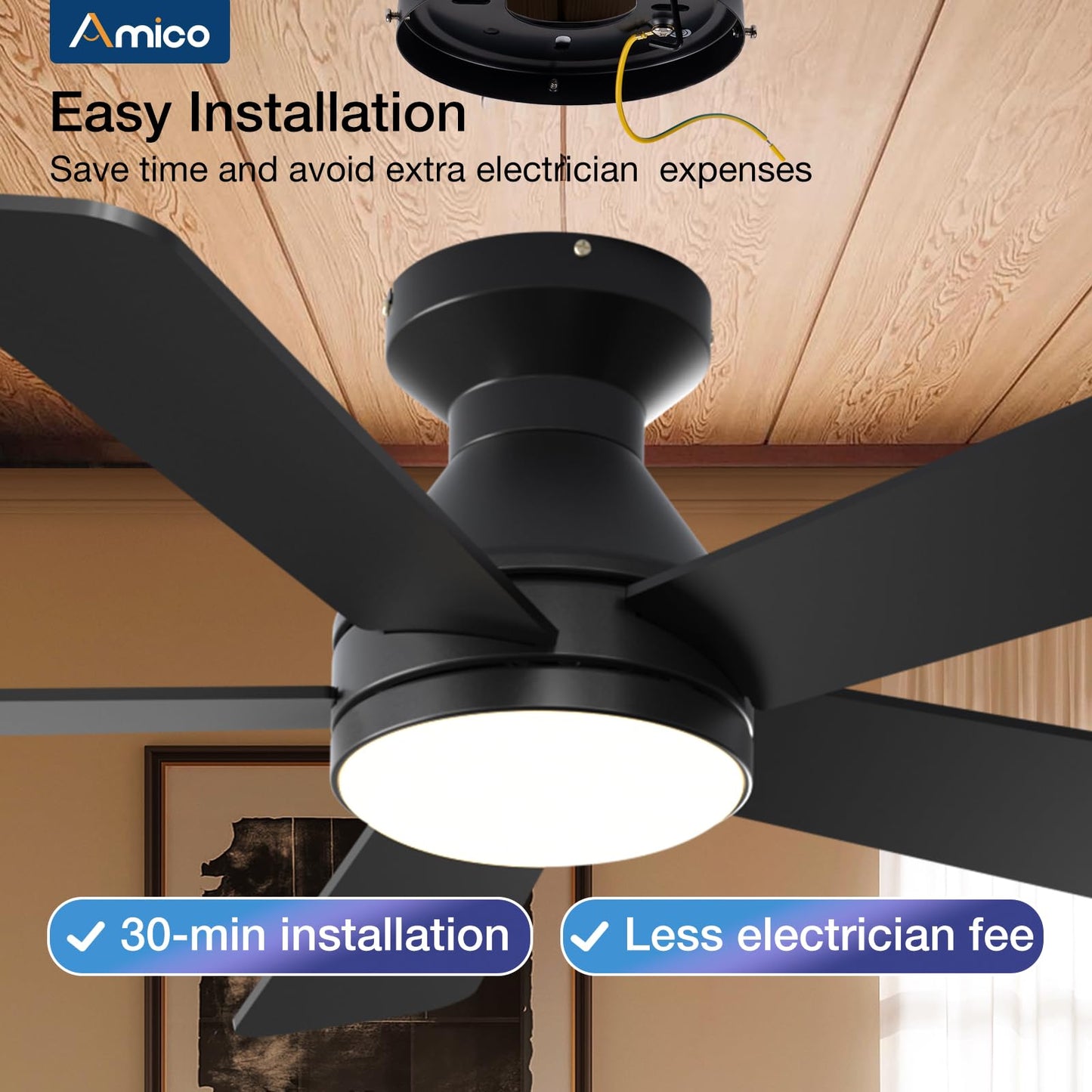 Amico Ceiling Fans with Lights, 42 Inch Low Profile Ceiling Fan with Light and Remote Control, Flush Mount, Reversible, 3CCT, Dimmable, Quiet, Black Small Ceiling Fan for Bedroom Outdoor/Indoor Use