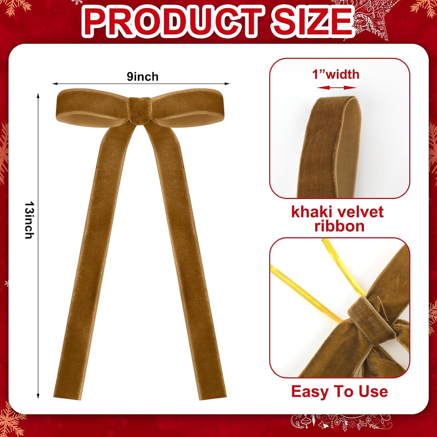 Skiennix 24 Pcs Velvet Bows - Vintage Ribbon Bows for Christmas Tree & Crafts | Khaki, 9 x 13 Inch