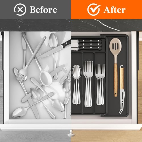 Lifewit Expandable Silverware Drawer Organizer - BPA-Free Utensil Tray for Kitchen | Adjustable 11-18 x 14", Black