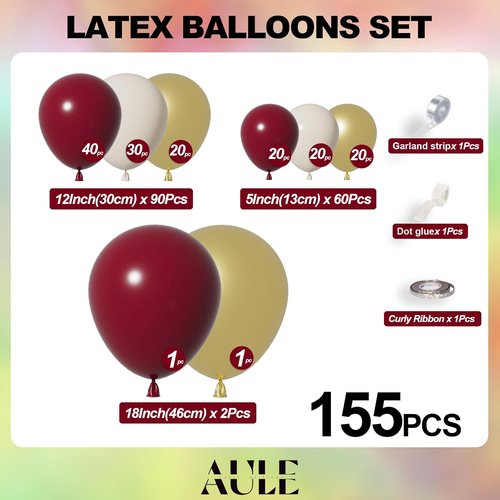 AULE Burgundy Balloon Arch Kit - 155Pcs Balloon Garland for Birthday, Wedding, and Party Decor