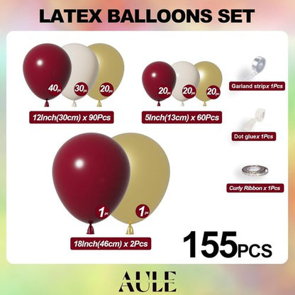 AULE Burgundy Balloon Arch Kit - 155Pcs Balloon Garland for Birthday, Wedding, and Party Decor