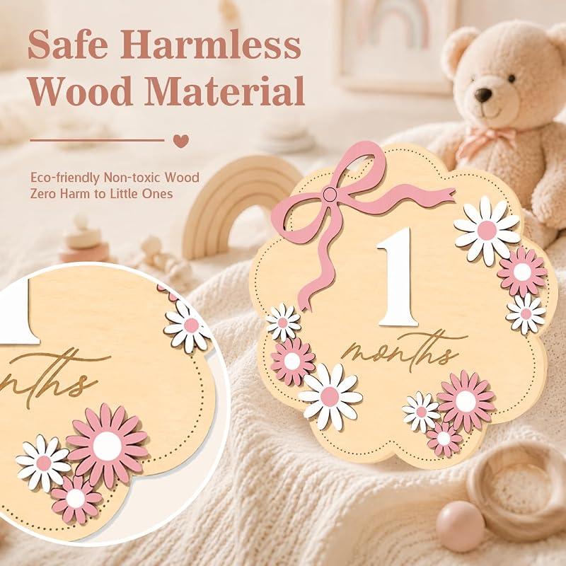Monthly Milestone Sign Set for Girls with Pink Bow – 1–12 Months, Double-Sided Wooden Baby Photo Keepsake (Variation: Pink Flower01)
