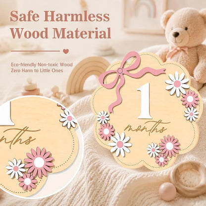 Monthly Milestone Sign Set for Girls with Pink Bow – 1–12 Months, Double-Sided Wooden Baby Photo Keepsake (Variation: Pink Flower01)