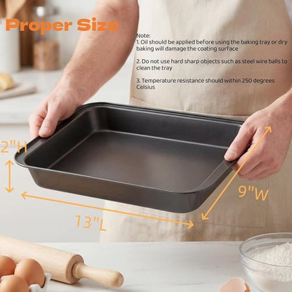 Lyellfe Non-Stick Baking Pan Set - 3 Pack 13 x 9 Inch Deep Cookie Sheets for Brownies & Lasagna | BPA Free