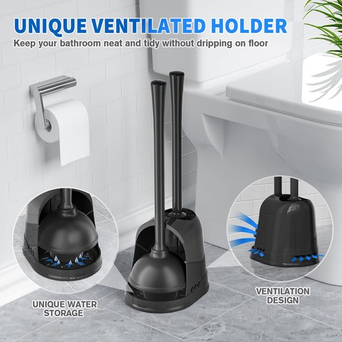 LOVLOY Toilet Plunger and Brush, Bowl Brush and Heavy Duty Toilet Plunger Set with Ventilated Holder, 2-in-1 Toilet Brush and Plunger Combo for 5.3-inch Toilet Drain Bathroom Cleaning (Black)