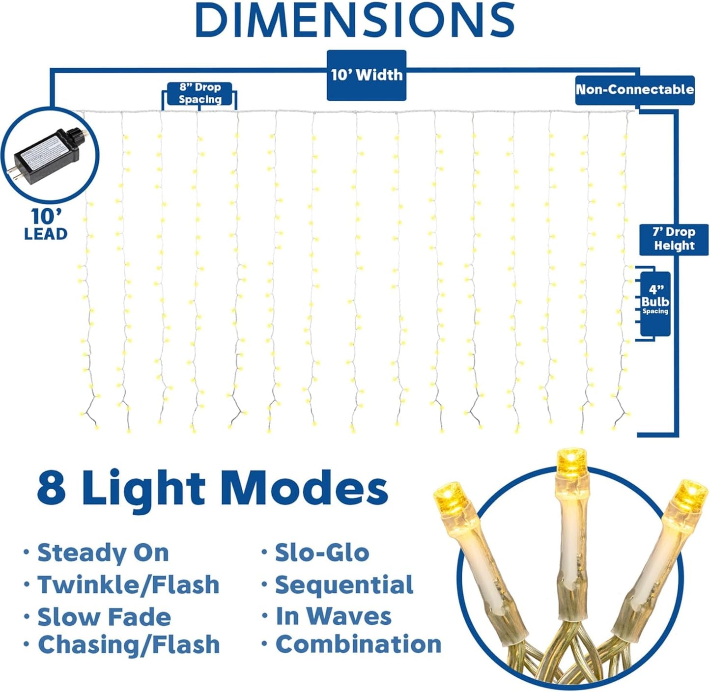 Novelty Lights LED Curtain Light Set - 300 Warm White LEDs with 8 Functions | Clear Wire Design