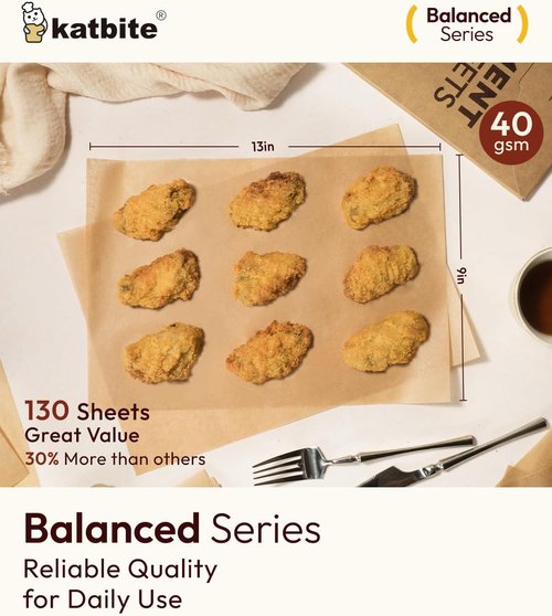 Katbite Parchment Paper Sheets - 130 Pcs Unbleached Non-Stick Baking Paper, 9x13 Inches for Air Frying & Cooking