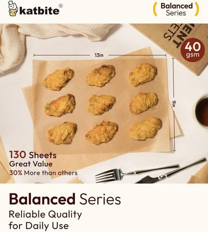 Katbite Parchment Paper Sheets - 130 Pcs Unbleached Non-Stick Baking Paper, 9x13 Inches for Air Frying & Cooking