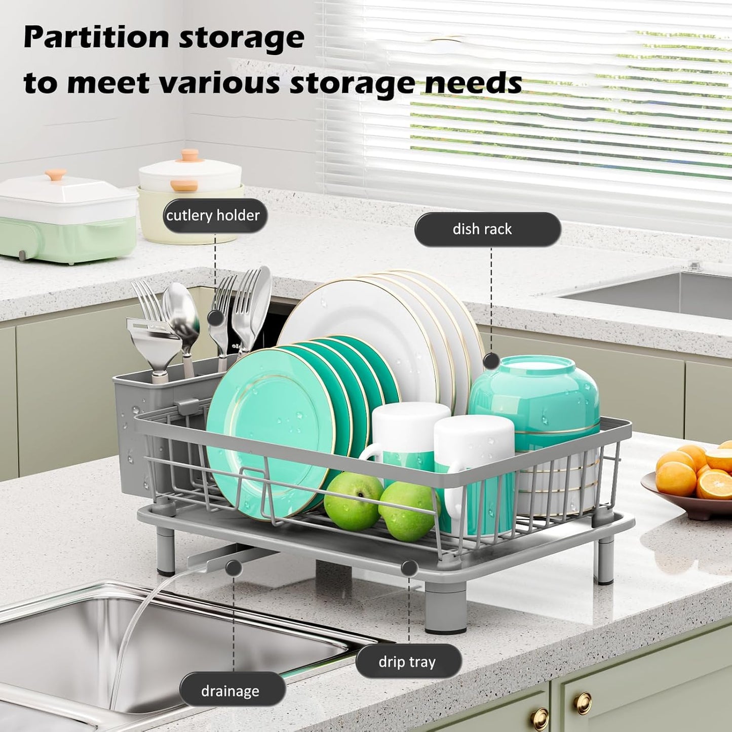 Skiennix Small Dish Drying Rack - Space-Saving Kitchen Organizer with Cutlery Holder | 11''W x 15''L, Gray