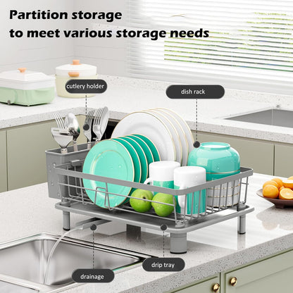 Skiennix Small Dish Drying Rack - Space-Saving Kitchen Organizer with Cutlery Holder | 11''W x 15''L, Gray