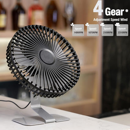SLENPET USB Small Desk Fan - 6 Inch, Ultra-Quiet, 4 Speeds, 90° Adjustable, Portable Metal Base - Silver