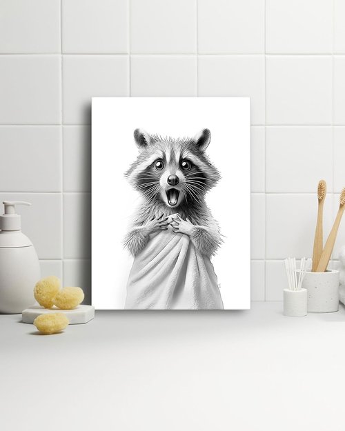 HesenDot Raccoon Wall Art - Funny Black and White Bathroom Canvas Print | 12x16in Cute Decor