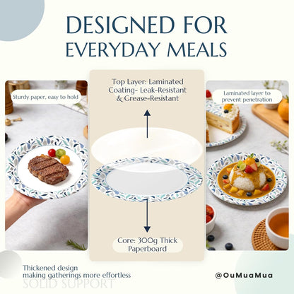OuMuaMua 8.5 Inch Disposable Paper Plates - 300 Count, Soak Proof & Microwave Safe for Everyday Meals