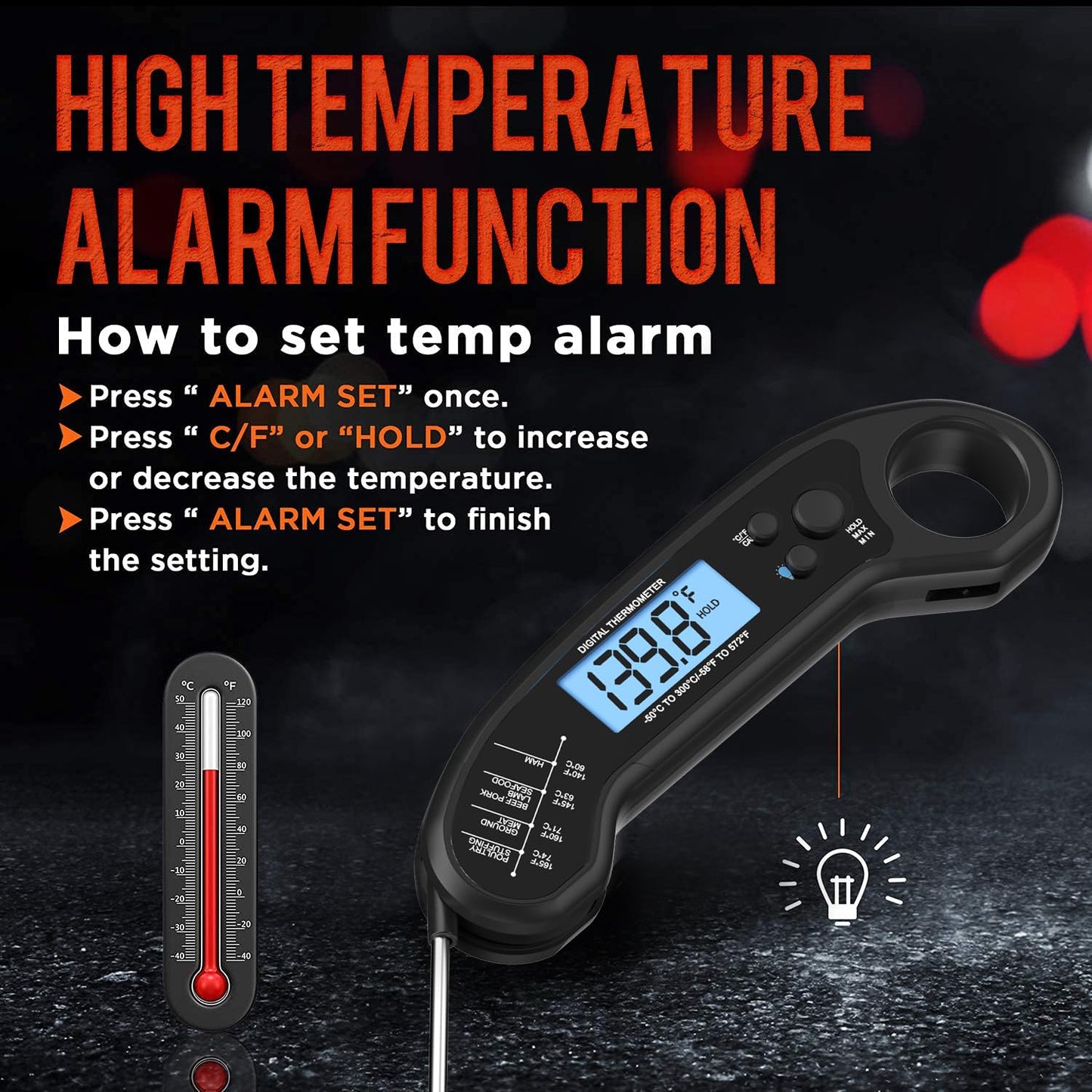 Meat Thermometer Digital - Instant Read Waterproof Food Thermometer for Grill, BBQ, Turkey & Candy