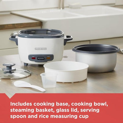 BLACK+DECKER 28-Cup Rice Cooker - Removable Non-Stick Bowl & Steaming Basket | White Finish