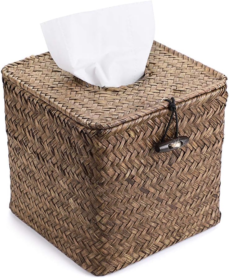 Sumnacon Seagrass Tissue Box Cover - Rustic Woven Design for Bathroom, Living Room, Office | Coffee Color