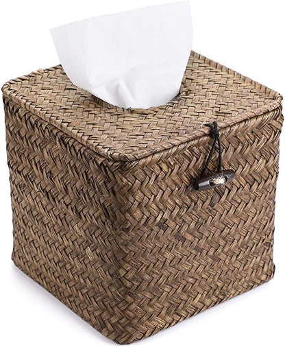 Sumnacon Seagrass Tissue Box Cover - Rustic Woven Design for Bathroom, Living Room, Office | Coffee Color