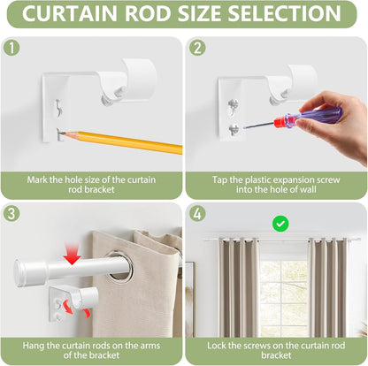 Skiennix Adjustable 5/8” Diameter Curtain Rods - 30-120 Inch for Windows | White with Brackets