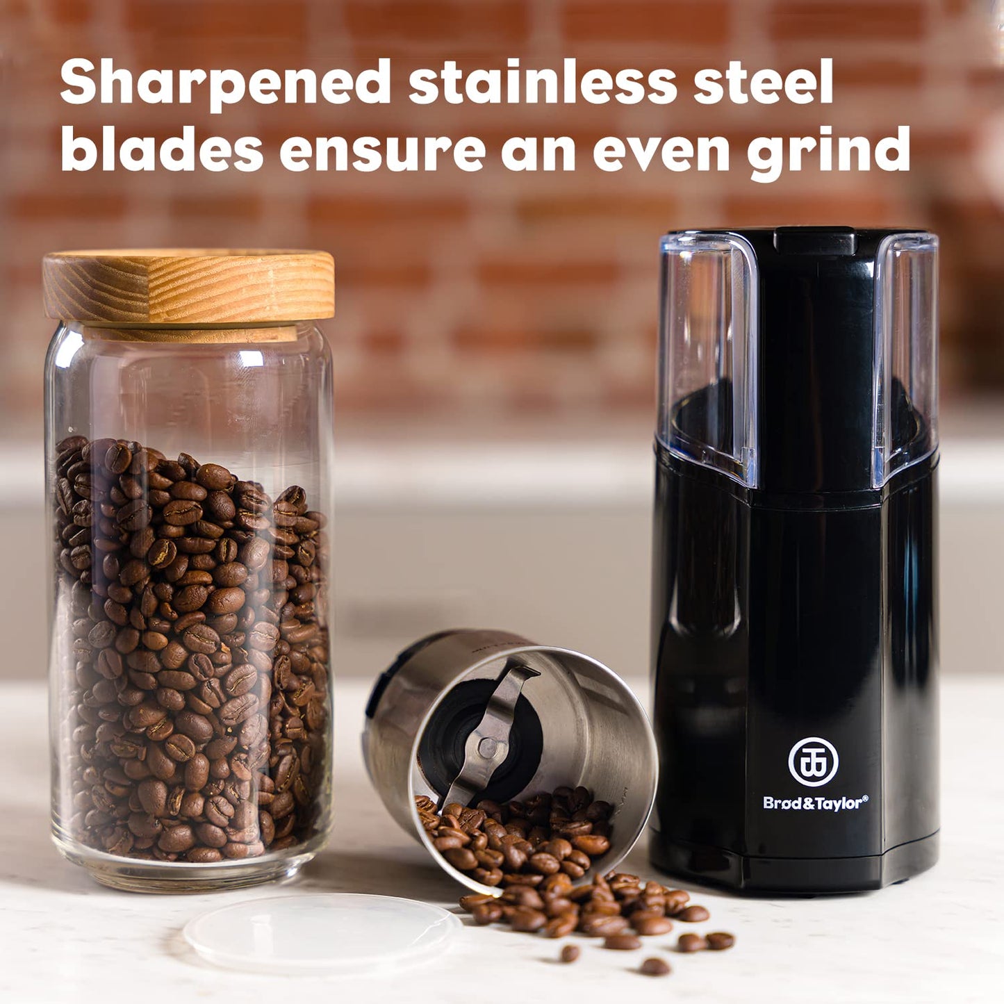 Brod & Taylor Coffee & Spice Grinder | Quiet Electric Stainless Steel, Removable 10oz Cup