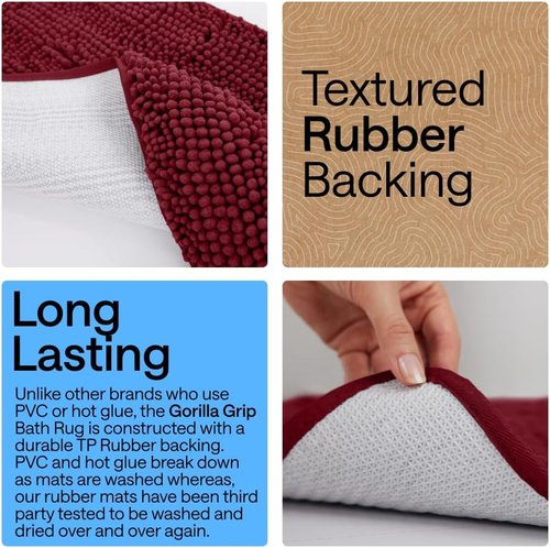 GORILLA GRIP Bath Rug Mat - Soft Absorbent Chenille | Quick-Dry Microfiber, 48x24, Burgundy