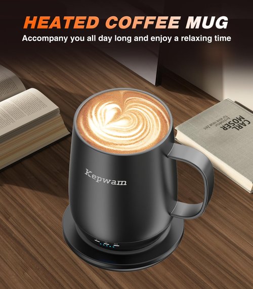 Kepwam Self Heating Coffee Mug, 16oz Smart Heated Coffee Mug, 150 Min Battery Life - Hot up to 149℉ Temperature Control Coffee Mug Warmer, Gifts for Women and Men