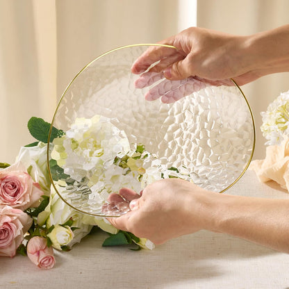Regine Switzerland Crystal Clear Plastic Plates - Elegant Gold Rim Disposable Dinnerware Set | 50 Pcs (25 Dinner & 25 Salad Plates) for Parties & Weddings