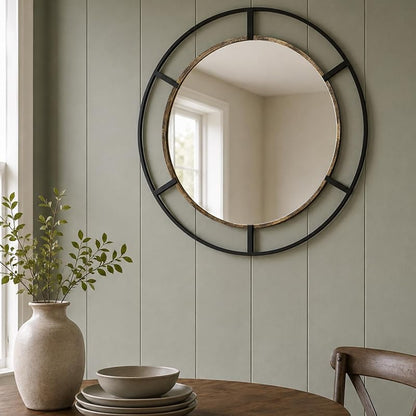 30-Inch Round Wall Mirror, Black & Antique Gold for Bathroom or Entryway - Variation: Black & Antique Gold+Round+30"L x 30"W