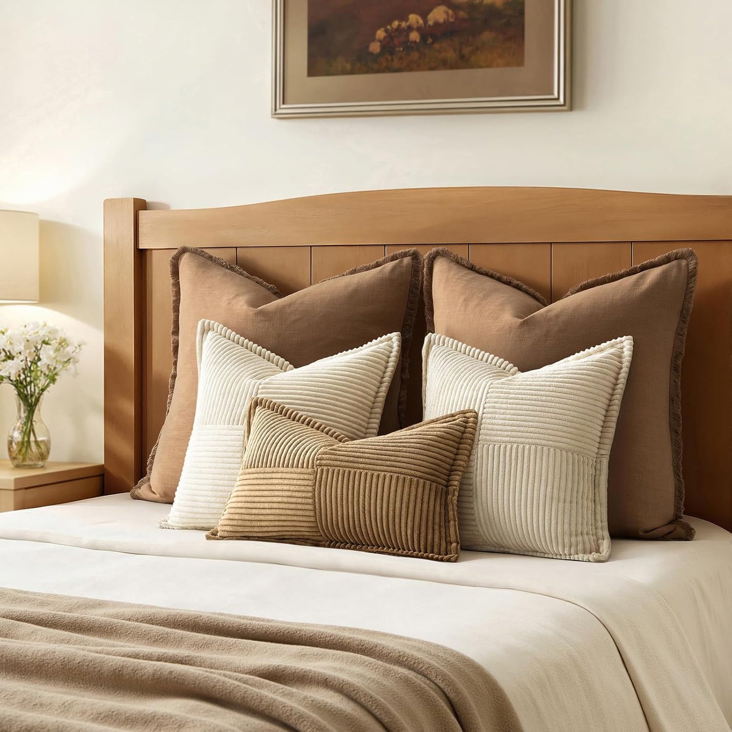 MIULEE Decorative Throw Pillow Covers - Soft Corduroy Beige Boho Accent | Set of 2, 18x18 Inch
