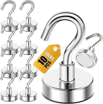 DIYMAG Magnetic Hooks - Heavy Duty 30lbs N52 Magnet Hooks for Cruise Cabins & Home Use | 10 Pack Silver