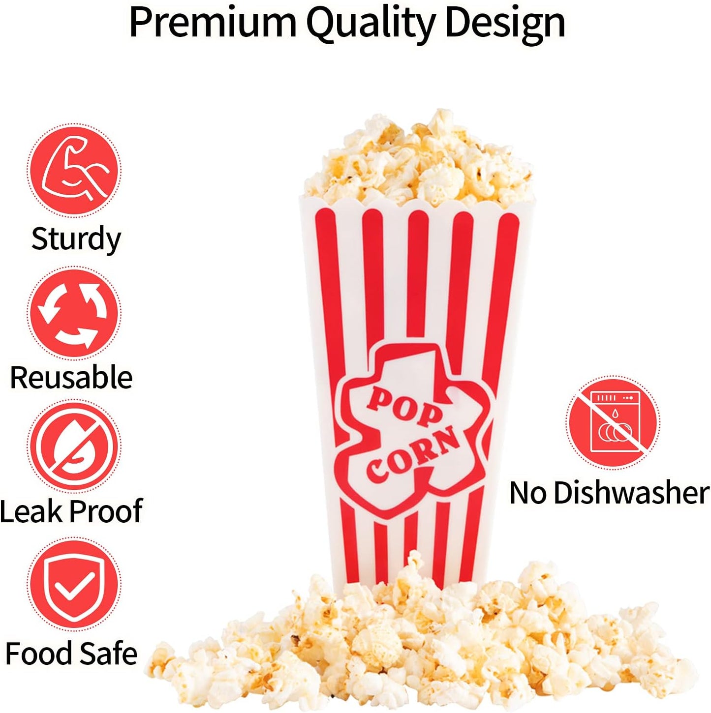 Retro Style Plastic Popcorn Containers - Red & White Striped Reusable Boxes for Movie Night | 4 Pack (4”x8”)