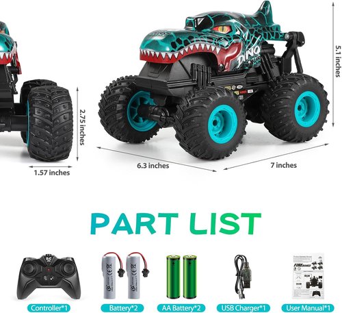 DYODYORC Remote Control Car - 2.4GHz All-Terrain Dinosaur Monster Truck with Music & Lights | Ready to Run, 2 Batteries Included (Cyan)