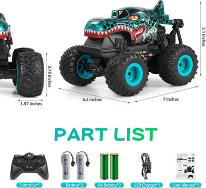 DYODYORC Remote Control Car - 2.4GHz All-Terrain Dinosaur Monster Truck with Music & Lights | Ready to Run, 2 Batteries Included (Cyan)