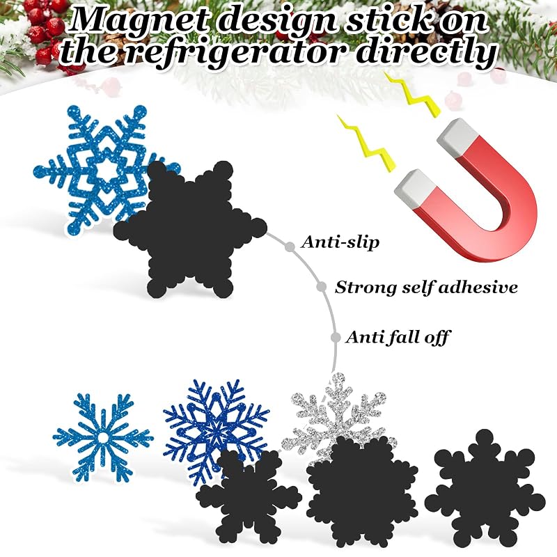 Whaline Blue Silver Snowflake Refrigerator Magnets - 15 Pcs Christmas Kitchen Door & Car Decor