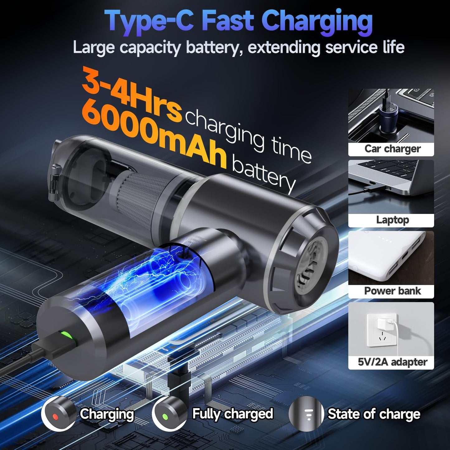 Skiennix Portable Cordless Car Vacuum - 24000PA High Power Suction, Mini Handheld Cleaner | Rechargeable & One-Touch Empty