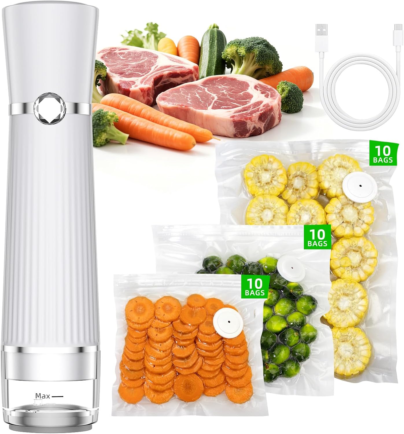 Skiennix Handheld Vacuum Sealer - Compact Food Saver with 30 Reusable Bags for 10X Freshness