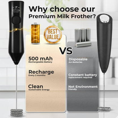 Zulay Kitchen Rechargeable Milk Frother - Dynamic - 3 Speeds, 3 Whisk Attachments, 500 mAh USB Charging, Drink Mixer For Latte, Cappuccino, Matcha, Protein Powder, Coffee Foam - Black