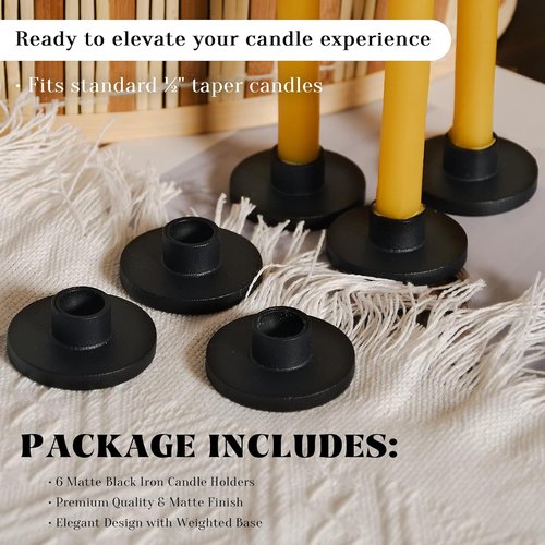 Black Iron Mini Taper Candle Holders - Set of 6 for 1/2 Inch Candles | Slim, Elegant Design for Chime & Church Use