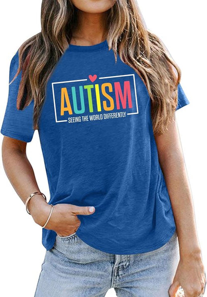 Ithalt Autism Awareness Shirt - Women's Blue T-Shirt for Autistic Moms | Puzzle Piece Design, Short Sleeve