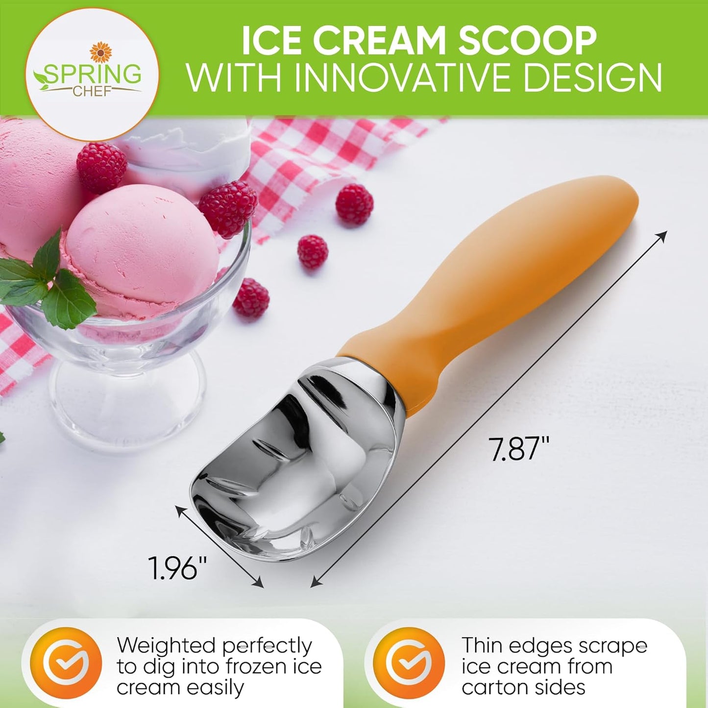Spring Chef Metal Ice Cream Scoop - Heavy Duty Soft Grip Handle for Gelato & Sorbet | Set of 2 - Mango