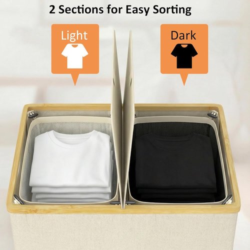 Efluky Laundry Hamper - Double Section Basket with Lid & Removable Bags - 140L Beige for Bathroom & Bedroom