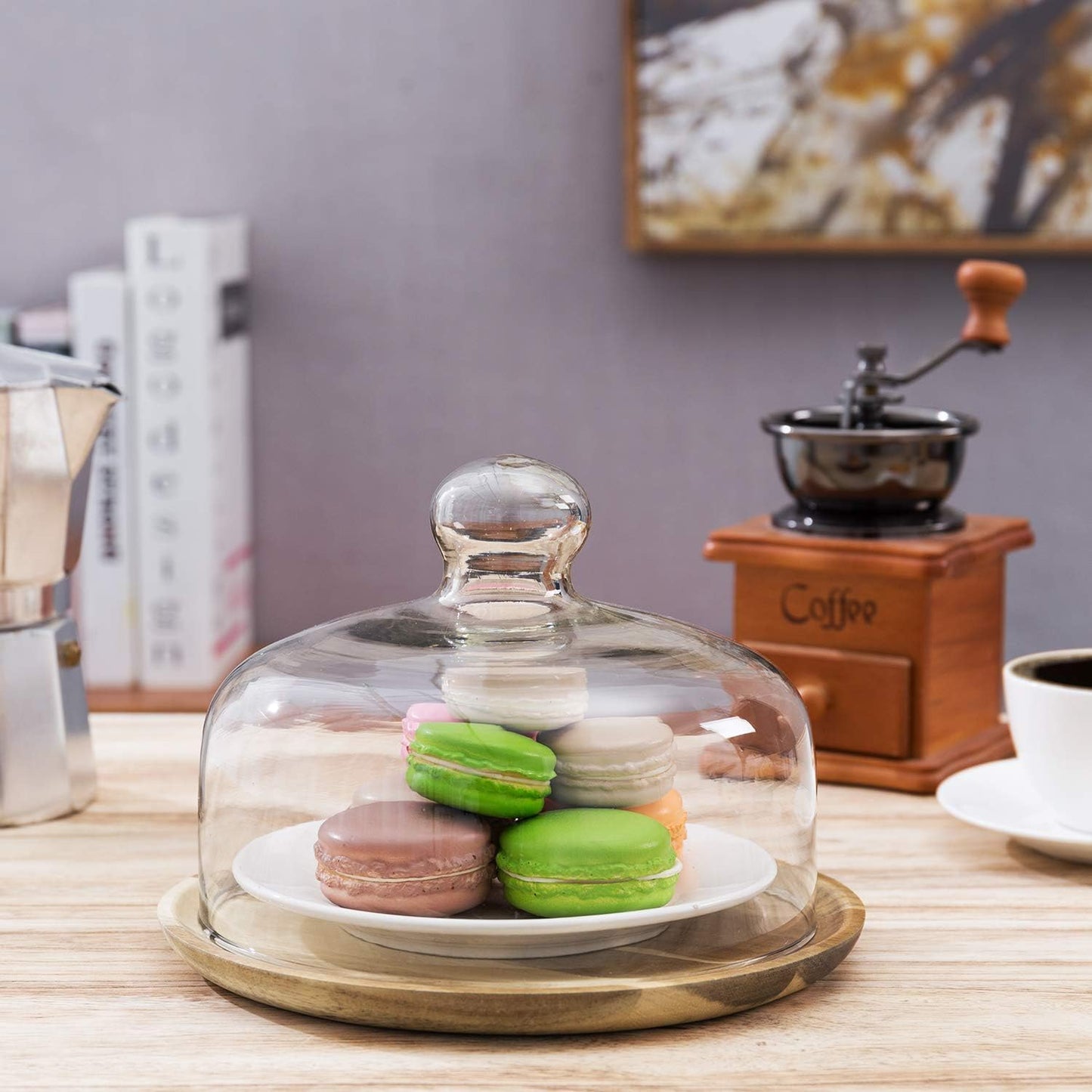 MyGift Cloche Dome Glass Dessert Serving Tray - 7.5 Inch Cake Stand with Acacia Wood Base for Parties