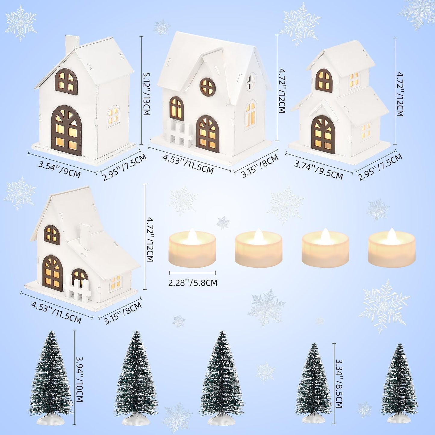 Ovootok Christmas Sculpture Set - 9-Piece Wood & Plastic Decor with 4 LED Houses & 5 Frosted Trees