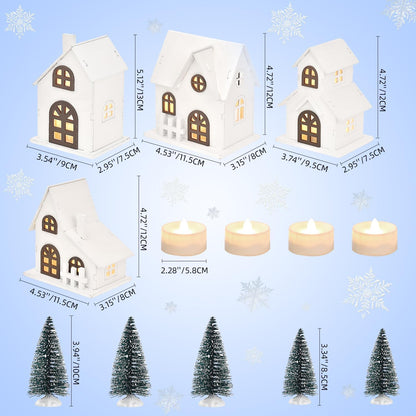 Ovootok Christmas Sculpture Set - 9-Piece Wood & Plastic Decor with 4 LED Houses & 5 Frosted Trees