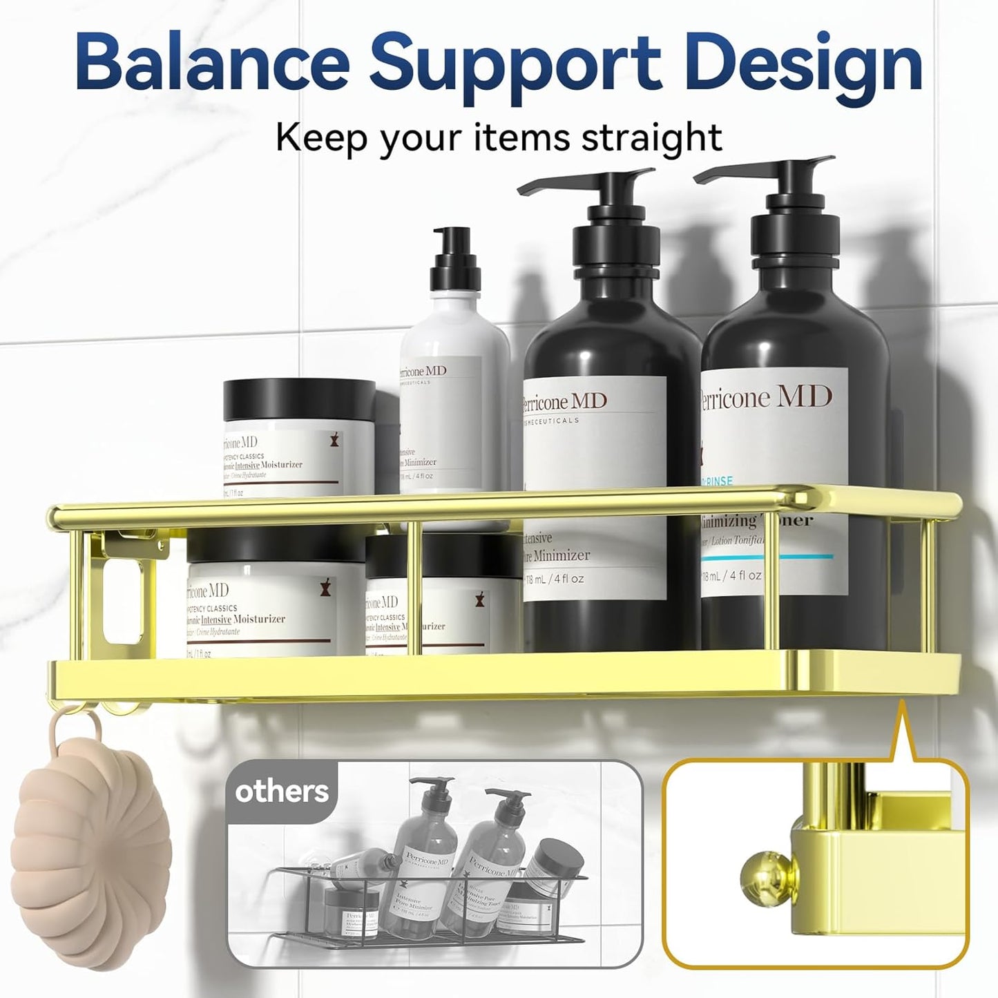 YASONIC Shower Caddy - No Drill Bathroom Organizer with Removable Hooks & Soap Holder | Rust Proof, Gold, 3 Pack