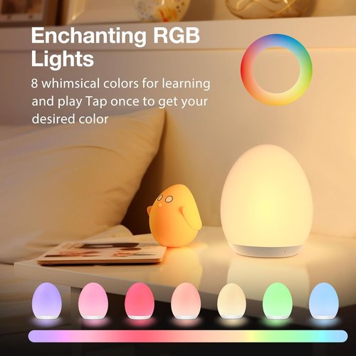 JolyWell Night Light - Rechargeable Baby Egg Lamp with 7 Color Modes & Touch Control | BPA Free, Wood Finish