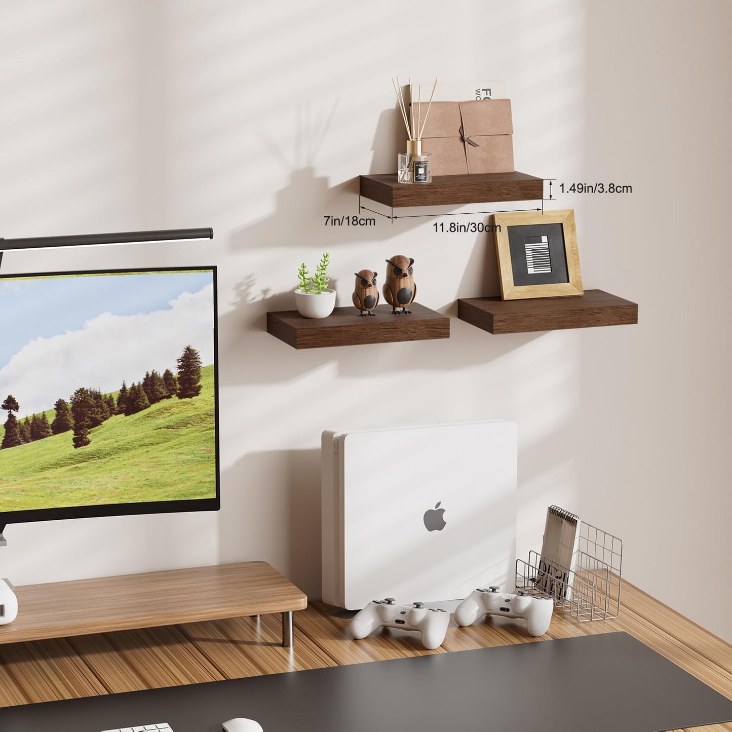 Modern Wooden Floating Shelves by [Brand Name] - Stylish Wall-Mounted Storage | Set of 3, 12x7x1.5 in (Walnut)