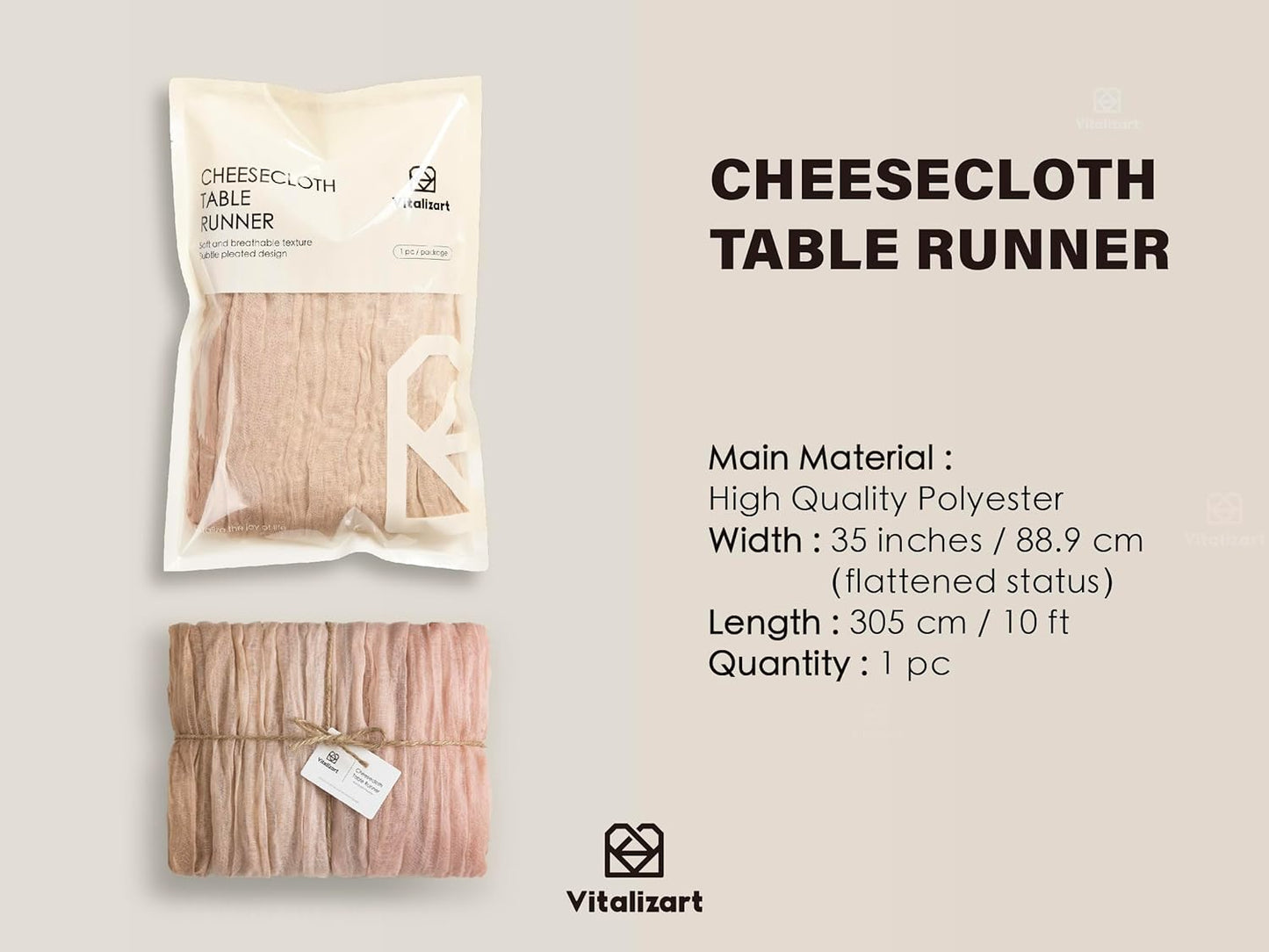 Vitalizart Cheesecloth Table Runner - 10ft Boho Rustic Light Nude for Weddings & Fall Decor | 120 Inches
