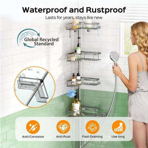 HAMITOR Shower Caddy | 4-Tier Rustproof Bathroom Organizer - Adjustable No-Drill Shelf for Renters - 47-123 Inch Silver Gray